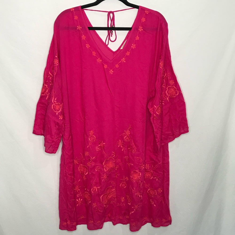 Soft Surroundings Pink Embroidered Sheer Tunic Cover Up L/XL Orange Floral Beach